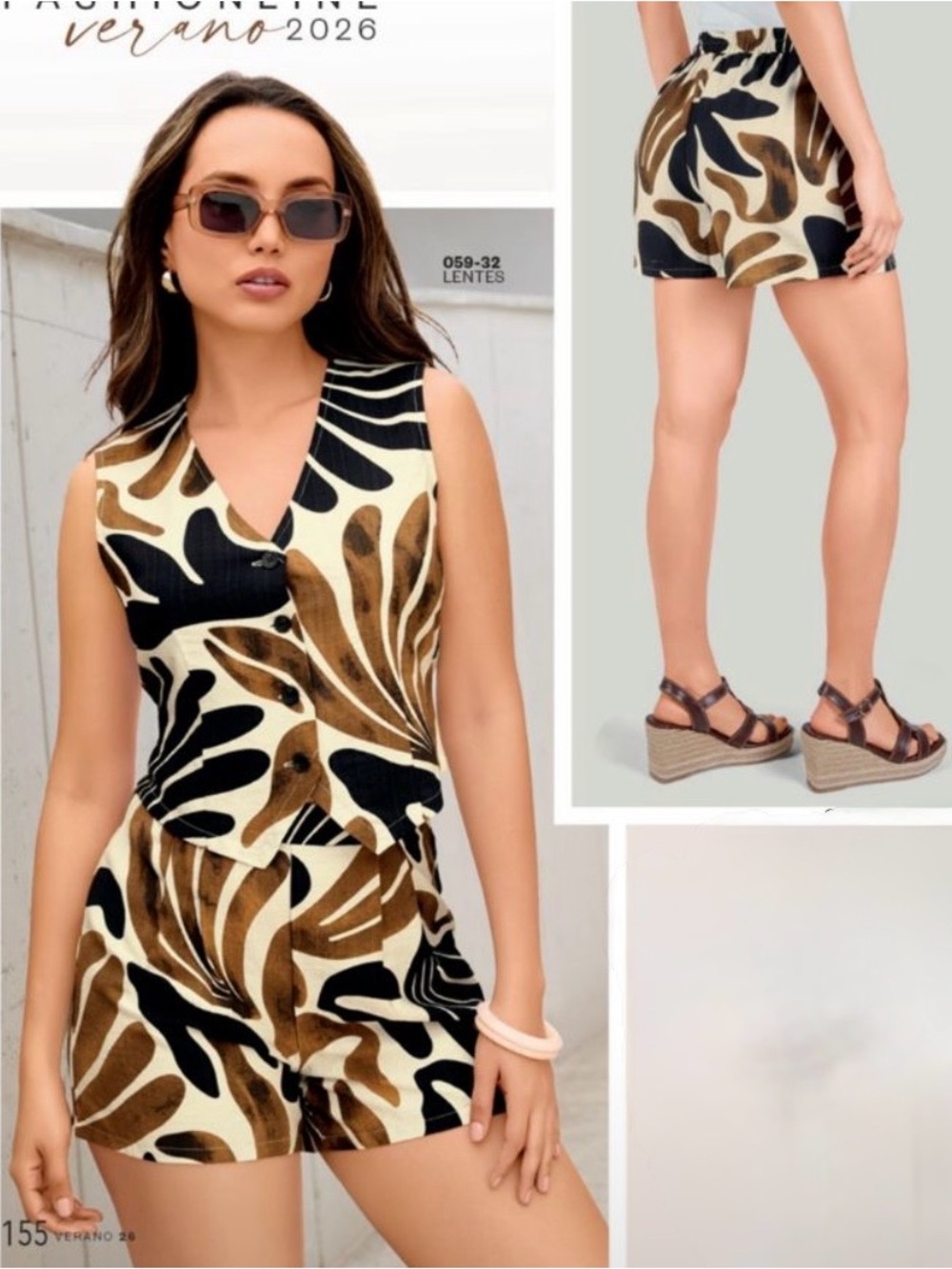 High-Waist Tropical Print Shorts - Black & Brown